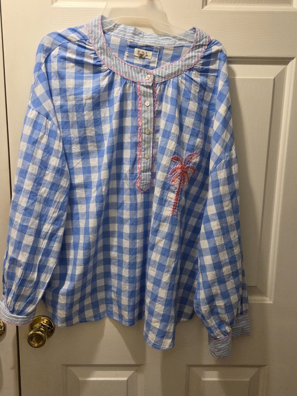 POL Blue & White Gingham Long-Sleeve Top with Pink Trim and Palm Embroidery